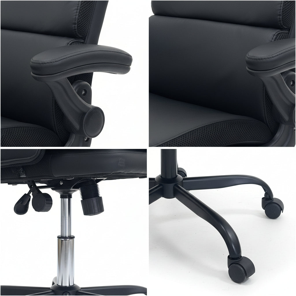 Casual Black Leather Office Chair 35cm Radius Metal Base PU Casters