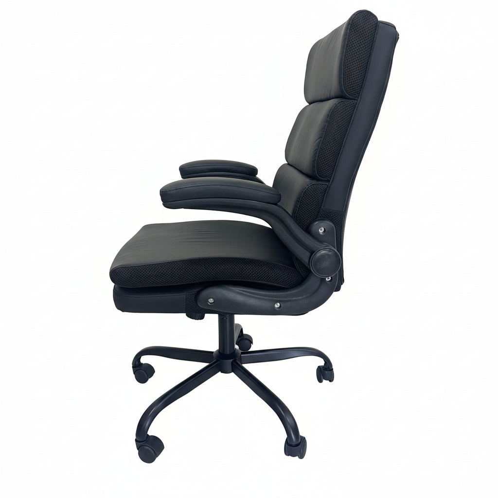 Casual Black Leather Office Chair Side Profile Double Layer Foam