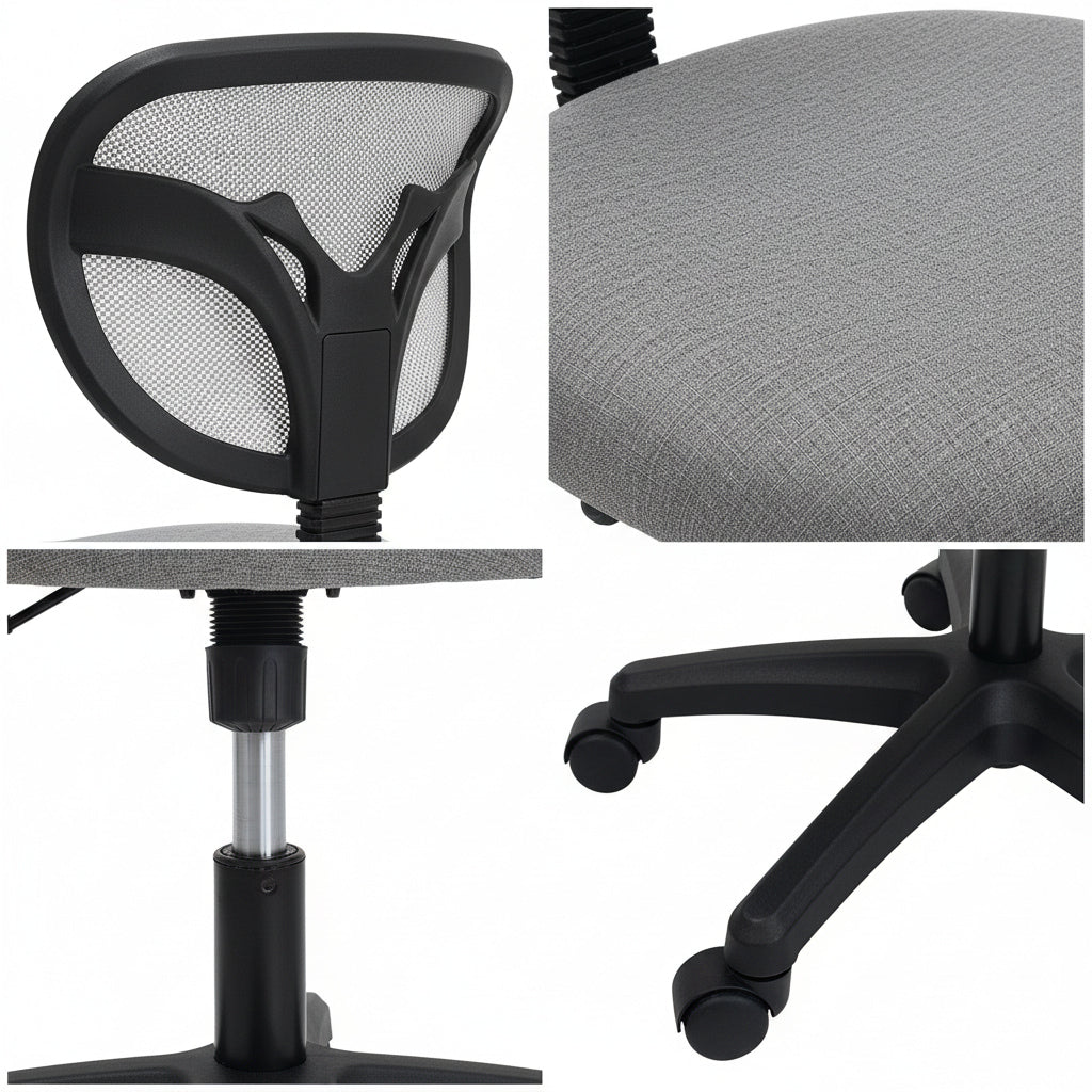 Compact Armless Mesh Office Chair 28cm Radius Plastic Base PU Casters