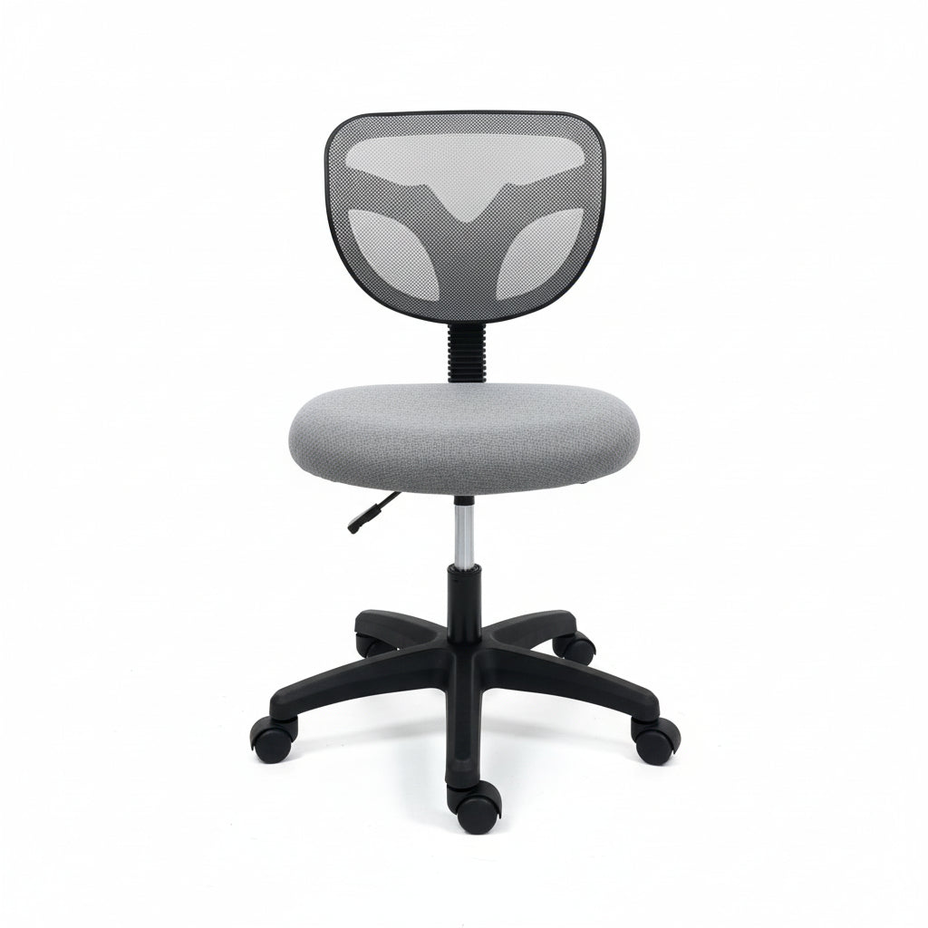 Compact Armless Mesh Office Chair Grey Front View Small Desk