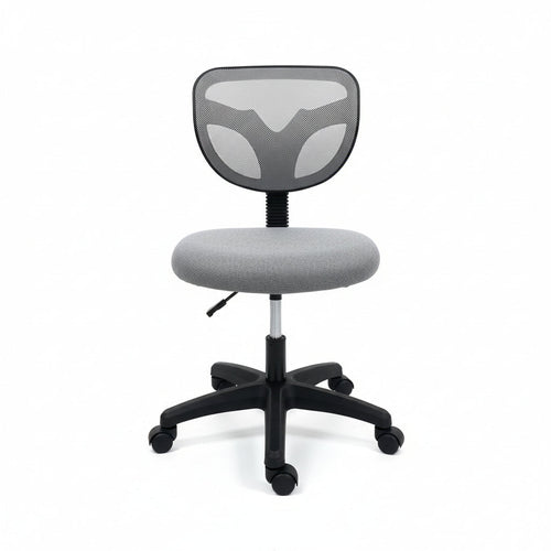 Compact Armless Mesh Office Chair Grey Front View Small Desk