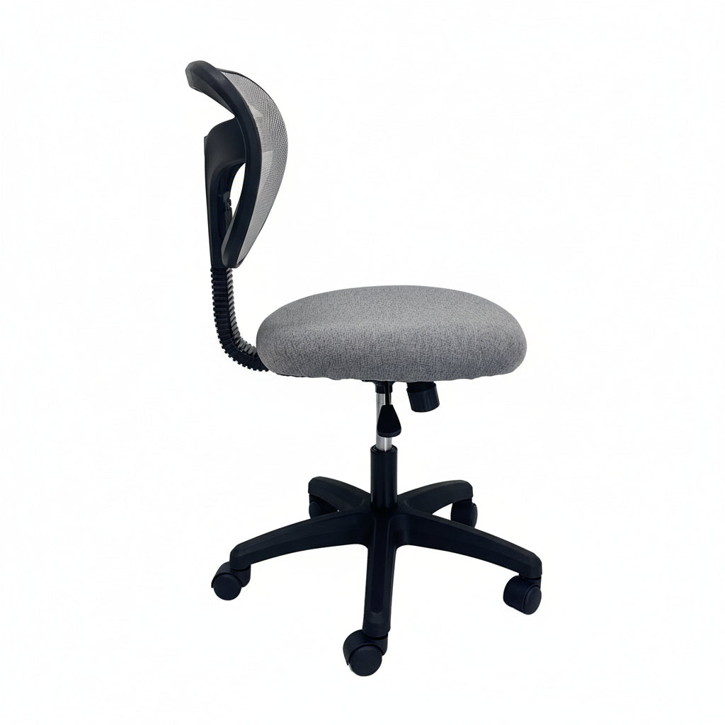 Compact Armless Mesh Office Chair Grey Side Profile Space Saving