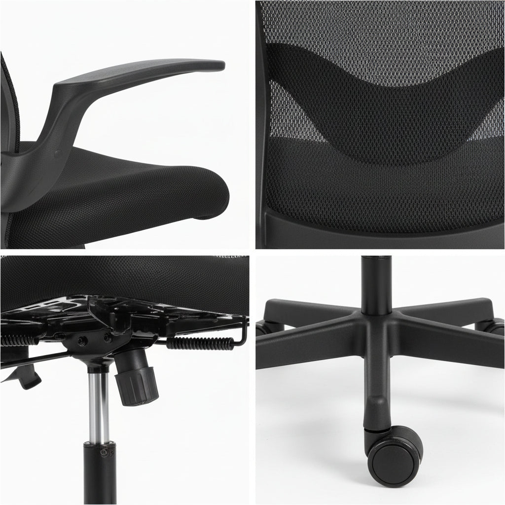 Ergonomic Black Mesh Office Chair 35cm Radius Metal 5-Star Base PU Casters