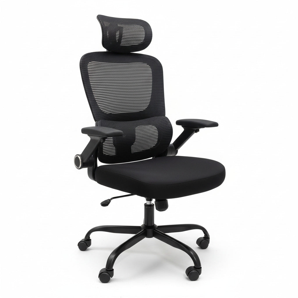 High-Back Black Mesh Office Chair Headrest Flip-Up Armrests 45 Degree Angle