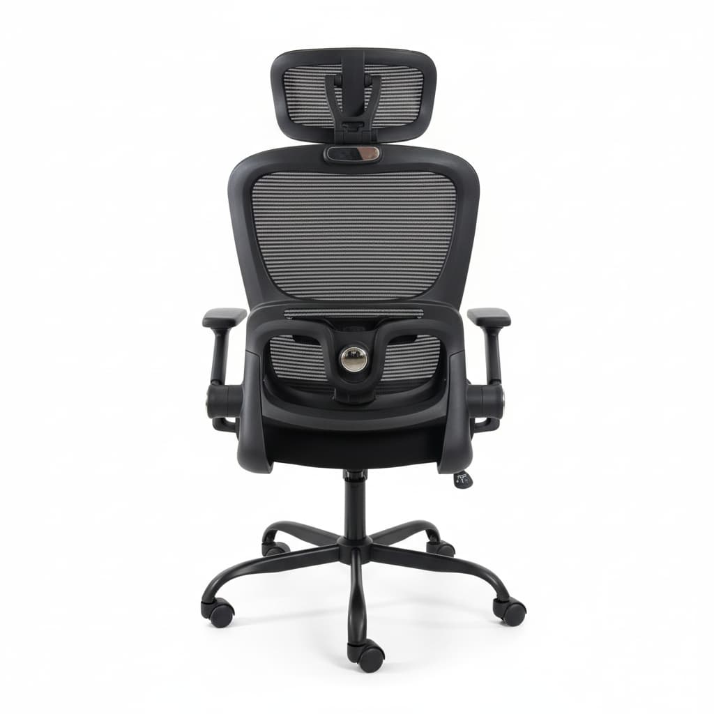 High-Back Black Mesh Office Chair Headrest Flip-Up Armrests back View