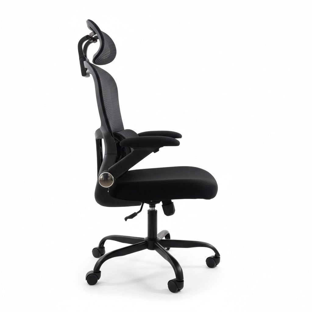 High-Back Black Mesh Office Chair Headrest Side Profile Tilt Backrest