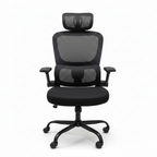 High-Back Black Mesh Office Chair Headrest Flip-Up Armrests Front View