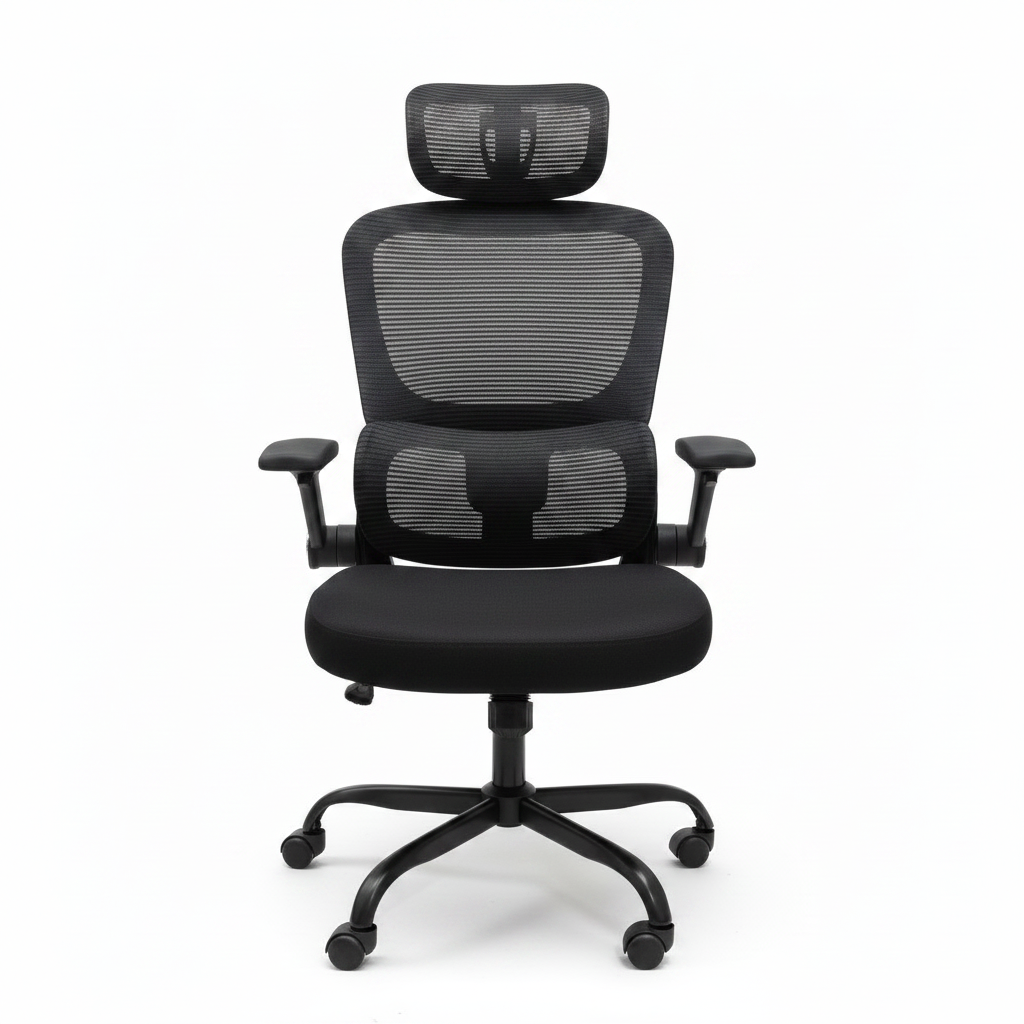 High-Back Black Mesh Office Chair Headrest Flip-Up Armrests Front View