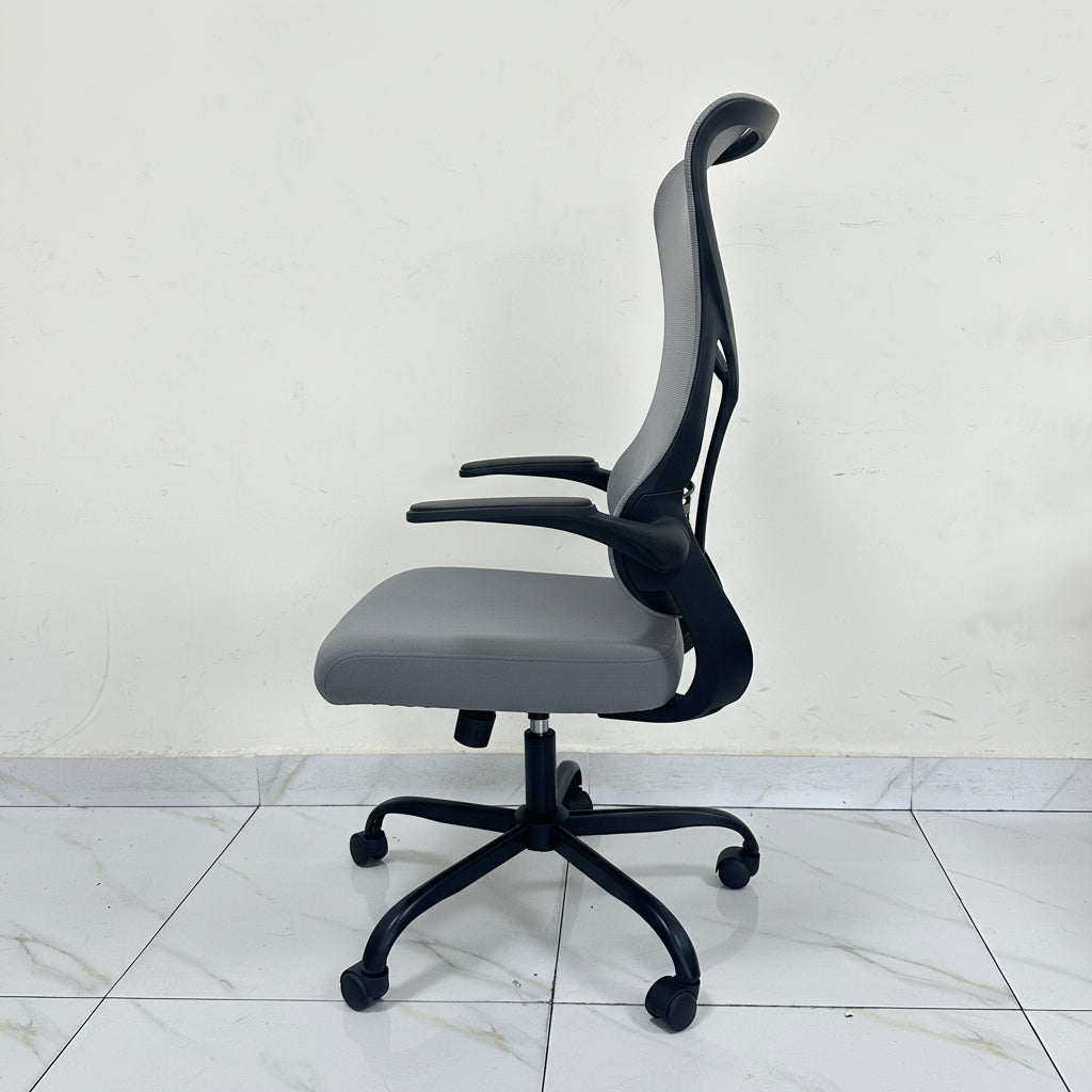 High-Back Mesh Office Chair Grey Side Profile Lumbar Support