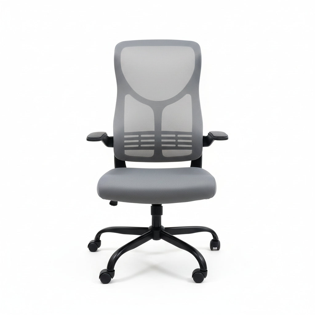High-Back Mesh Office Chair Grey Front View Professional Workspace