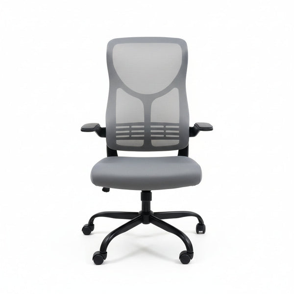High-Back Mesh Office Chair Grey Front View Professional Workspace