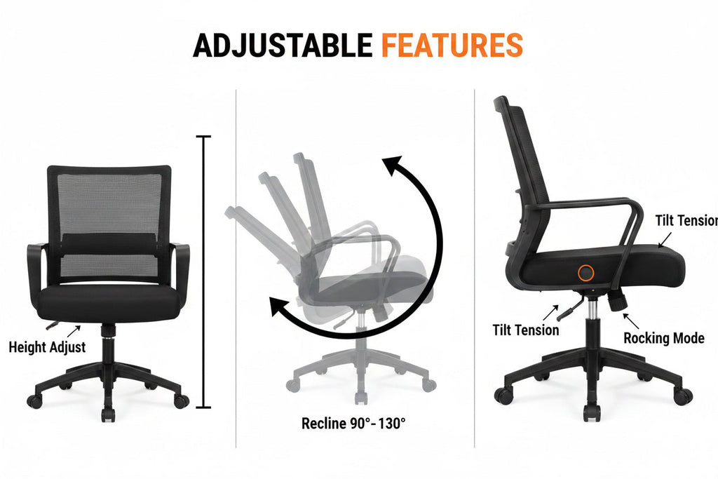 Mid-Back Striped Mesh Office Chair Tilt Backrest 1 Locking Position