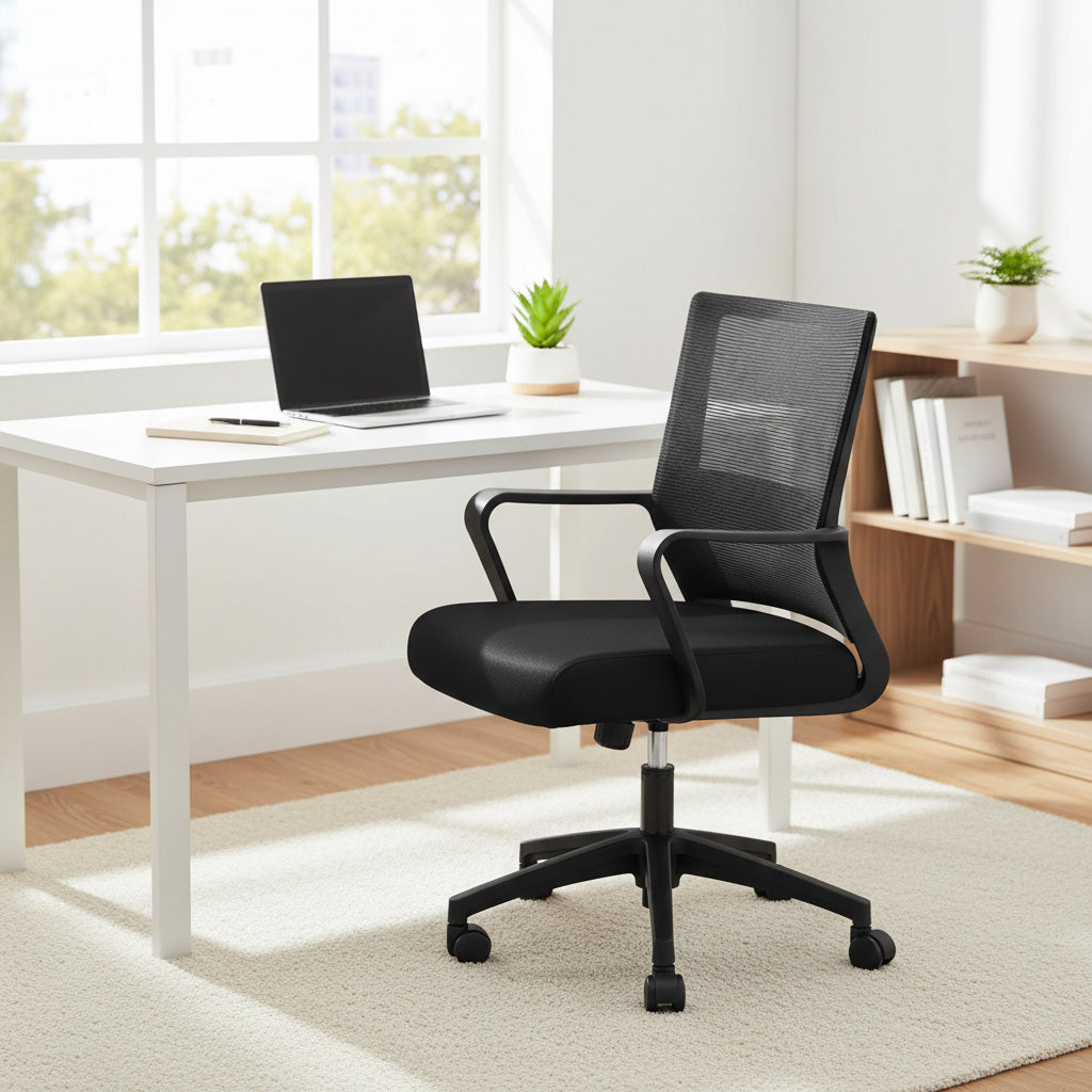 Mid-Back Striped Mesh Office Chair Black Modern Home Office Desk Setup