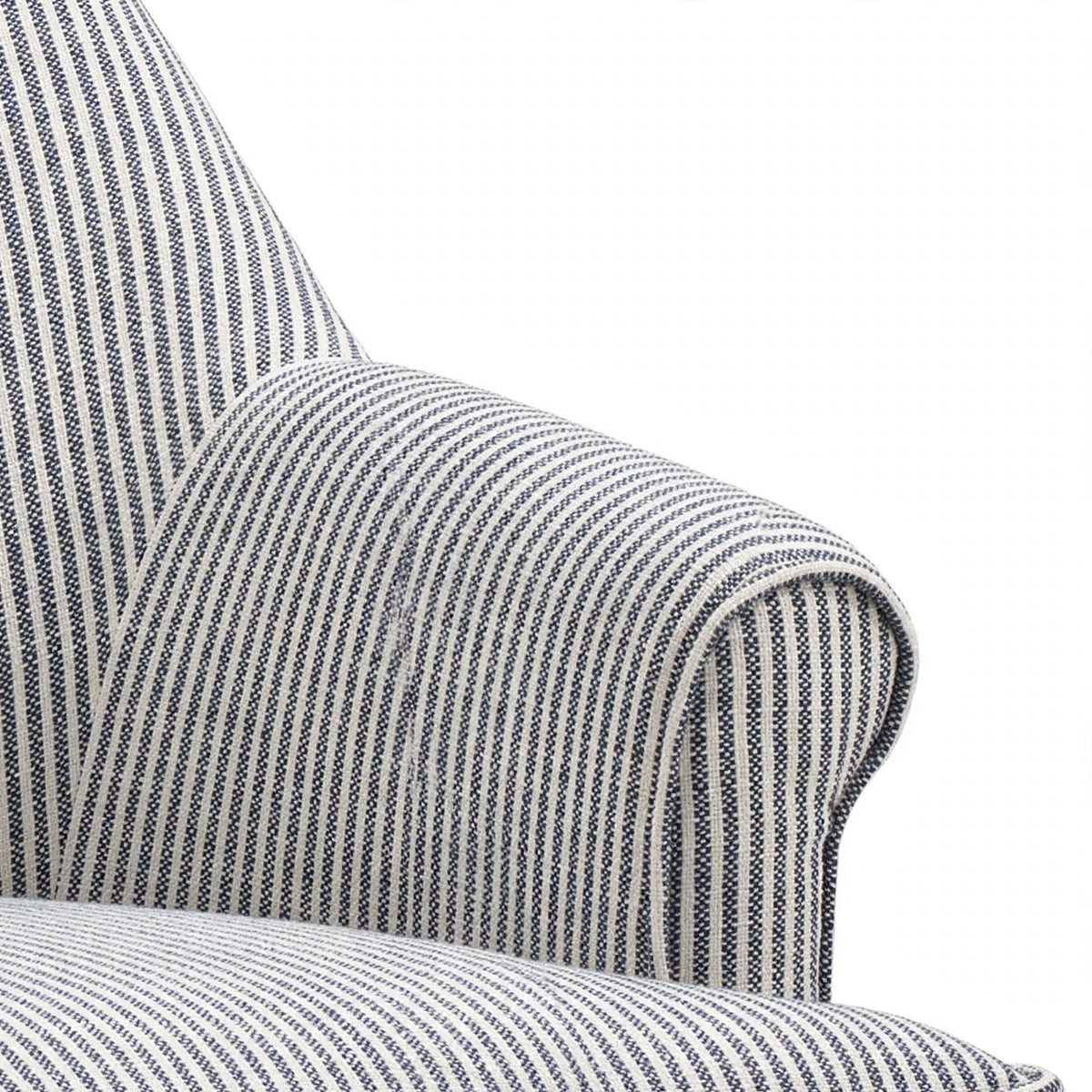Pinstripe upholstery and rolled armrest detail