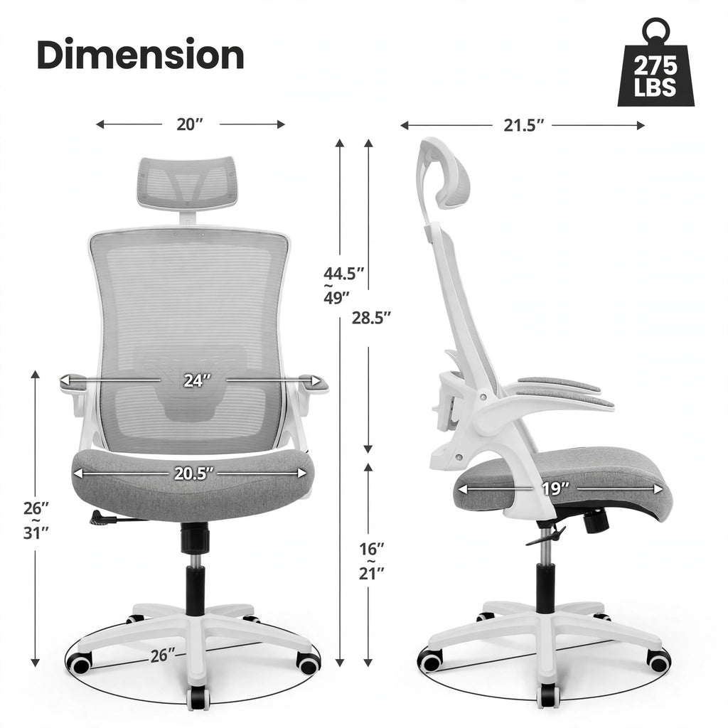 Dimension diagram of the grey mesh office chair, 275 lbs capacity