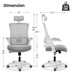 Dimension diagram of the grey mesh office chair, 275 lbs capacity