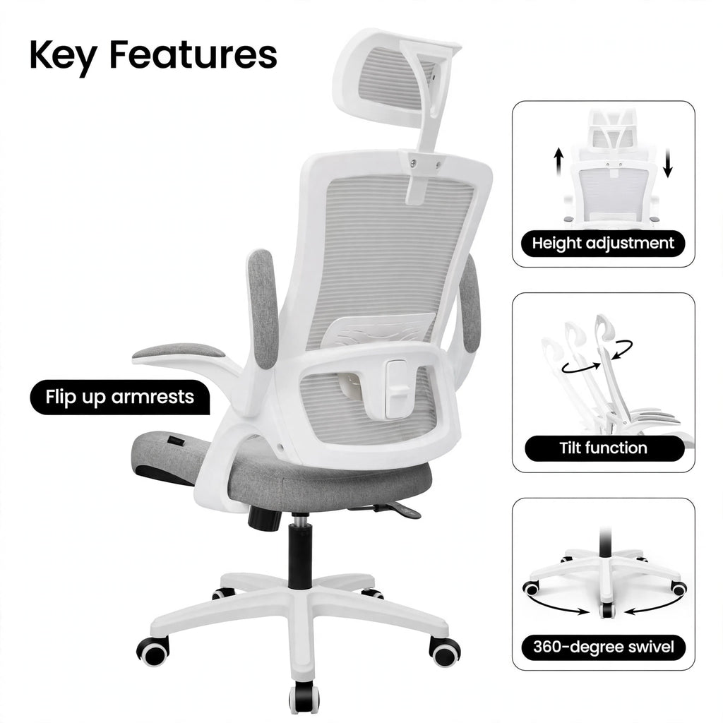 Key features: flip up armrests, height adjustment, tilt function, 360-degree swivel
