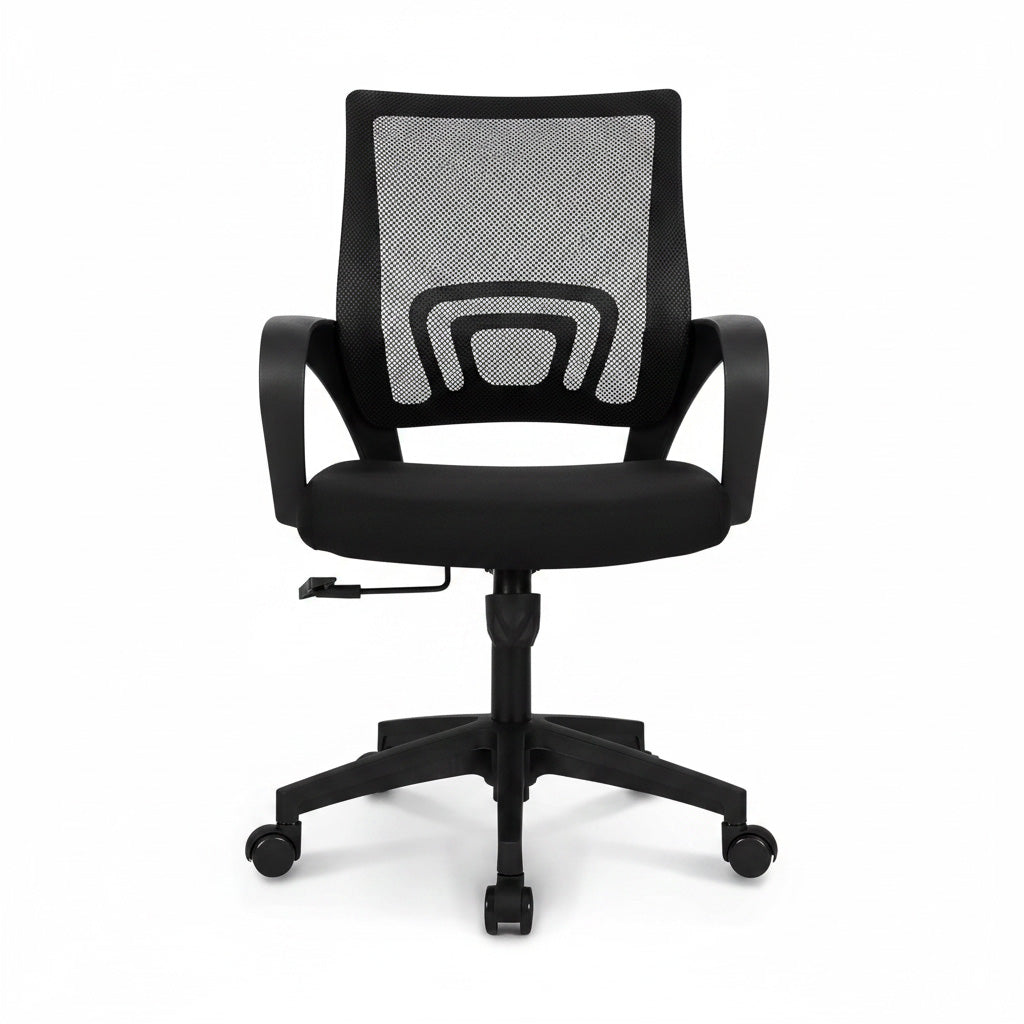 Mid-Back Mesh Office Chair Black Fixed Armrests Front View Workspace